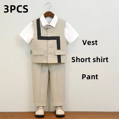 Summer Children Boys Suit Set Stylish Flower 1-10Y Boys Formal Wedding Suit Outfit Spliced Kids Baby Boys Vest Shirt Shorts Suit