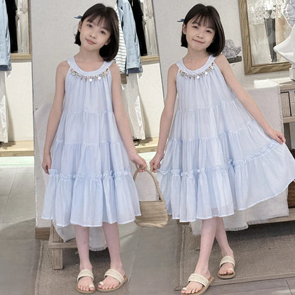 Girls Summer Dress 2025 New Halter Dresses Middle and Large Children Foreign Style Beach Dress Kids Undershirt Princess Skirt