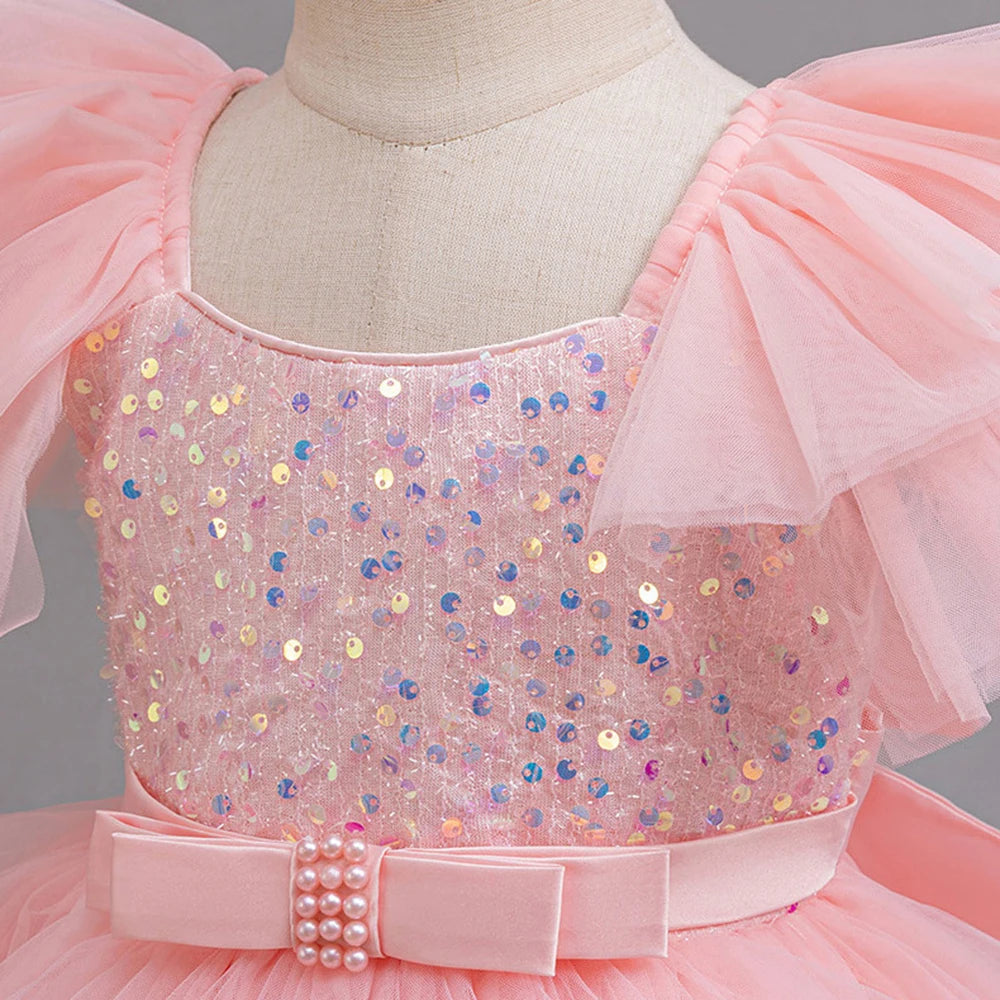 Girls Party Dresses Elegant Tulle Layered Children Long Evening Prom Gown Sequins Puffy Festive Dress for Girl