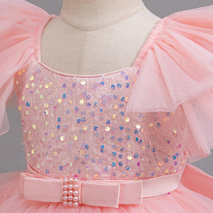 Girls Party Dresses Elegant Tulle Layered Children Long Evening Prom Gown Sequins Puffy Festive Dress for Girl