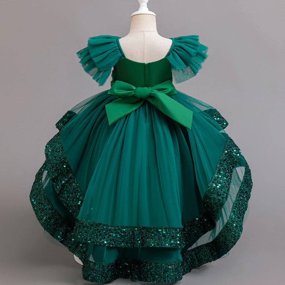 Girls Party Dresses Elegant Tulle Layered Children Long Evening Prom Gown Sequins Puffy Festive Dress for Girl