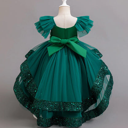 Girls Party Dresses Elegant Tulle Layered Children Long Evening Prom Gown Sequins Puffy Festive Dress for Girl