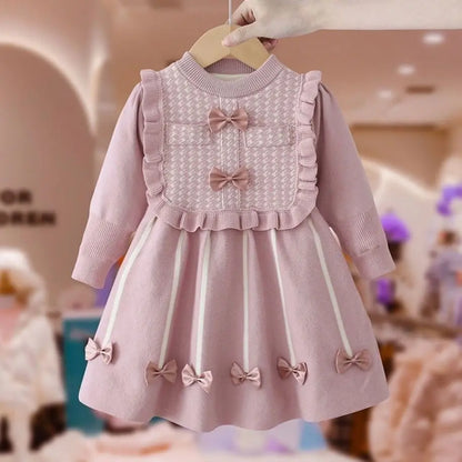 Girls' Dress Winter New Style Western Dress Children's Autumn and Winter Princess Dress Baby New Year Red Knitted Dress (Available)