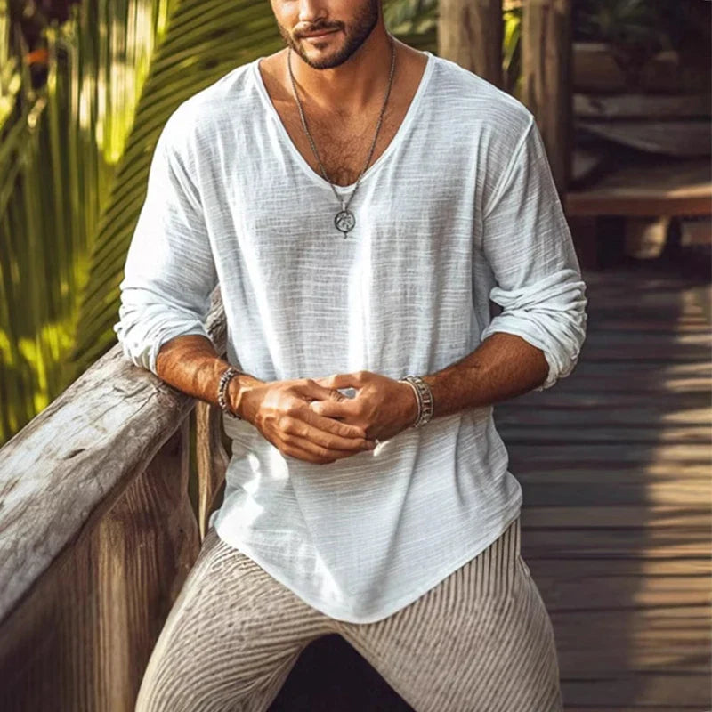2025 Spring Summer Breathable Thin T-shirts Mens Casual Solid Color Long Sleeve Pullover Tops Men Leisure Loose V Neck T Shirt