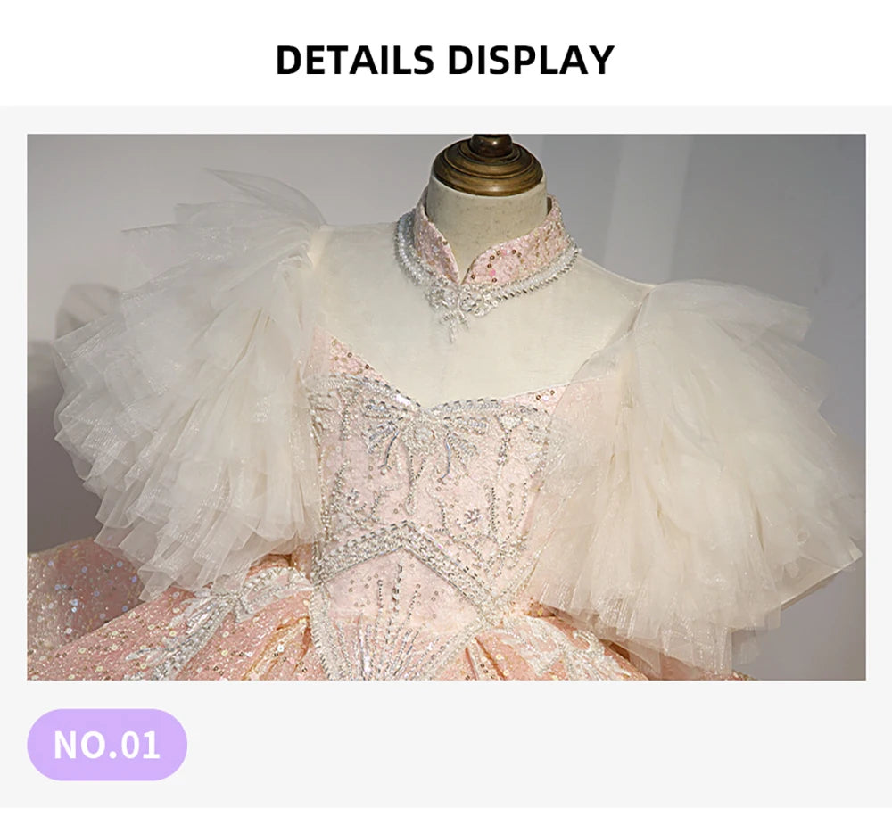 Kids Girls Princess Dress for Party Birthday Exquisite Beadings Sequined Tulle Ball Gown Flower Girl Wedding Dresses Children