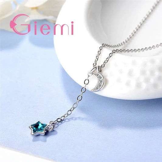Fashion Romantic Casual Jewelry For Women Girl 925 Sterling Silver Chain Blue Star Shape Crystal Moon Wedding Birthday Accessori