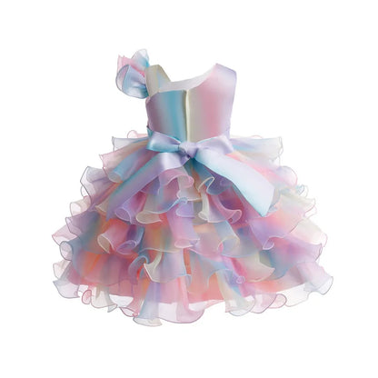 Party Dresses For Girls Rainbow Ruffle Big Bow Layered Sequin Princess Dress For Kids Wedding Birthday Party Pageant Formal Gown