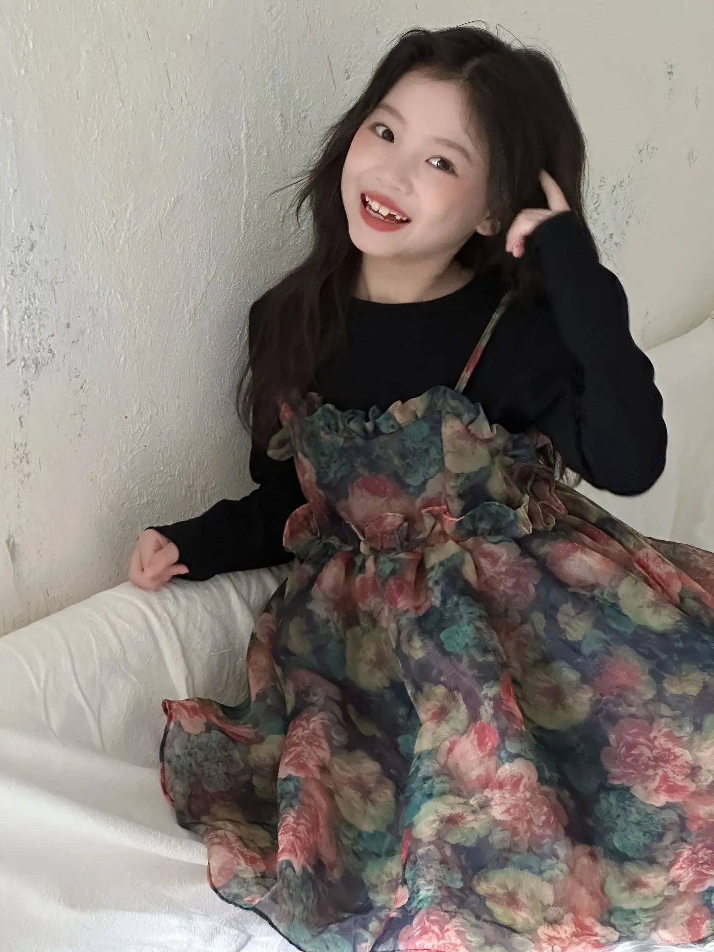 Girls Casual Dresses Autumn Girl Black T-shirt Camisole Flower Mesh Gauze Suit Princess Simple Printing Loose Beautiful 2024