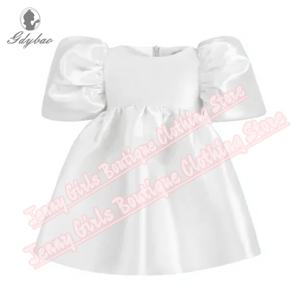Girls Party Dresses Pink Satin 2025 Flower Girl Dress Bow Puff Sleeve Prom Baptism First Birthday Official Events