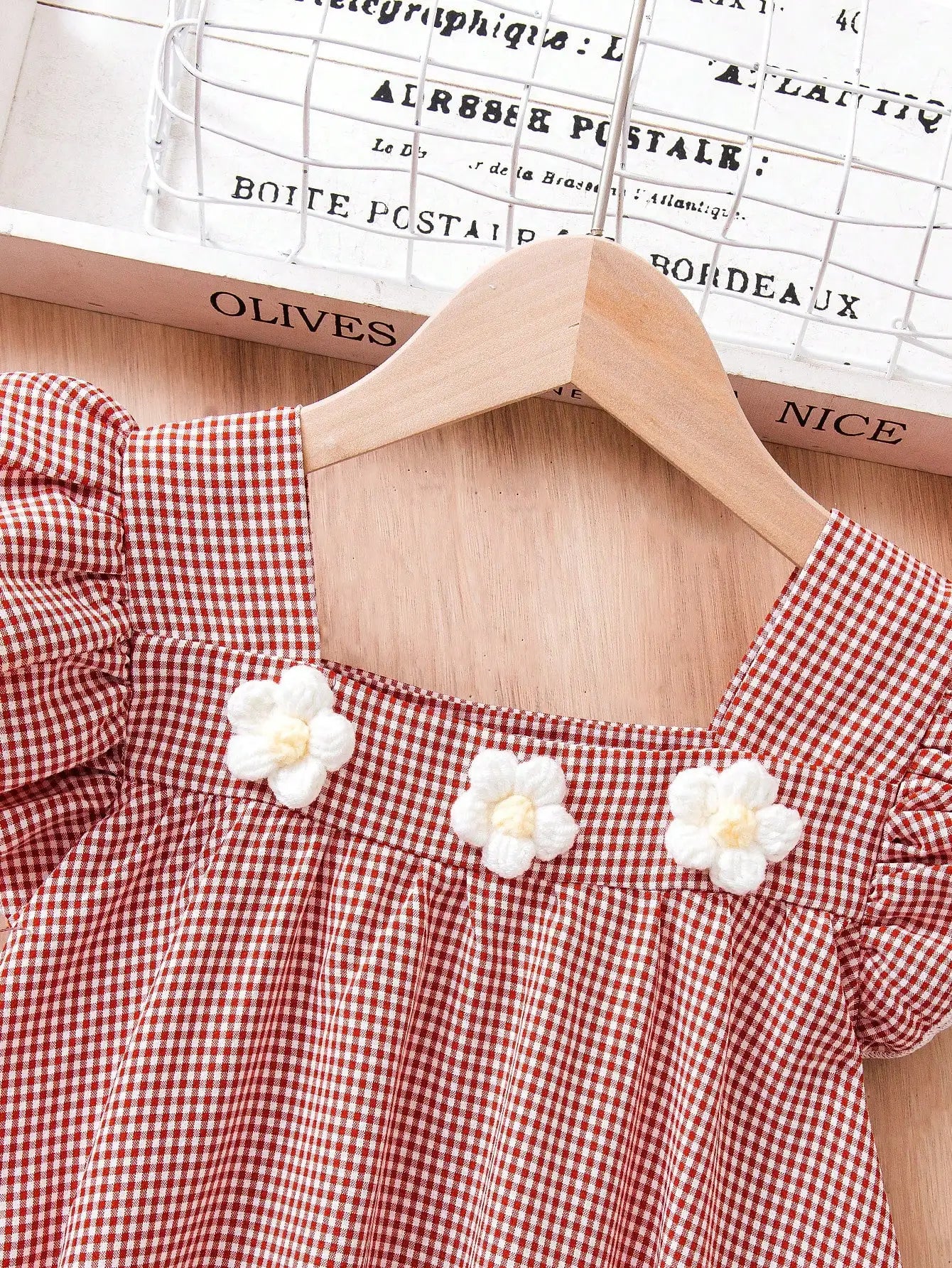 Girl's Red & White Gingham Dress with Flutter Sleeves & Floral Accents - Perfect for Holidays/Outings, Age 4-7, Spring/Summer