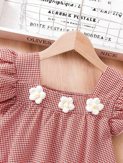 Girl's Red & White Gingham Dress with Flutter Sleeves & Floral Accents - Perfect for Holidays/Outings, Age 4-7, Spring/Summer