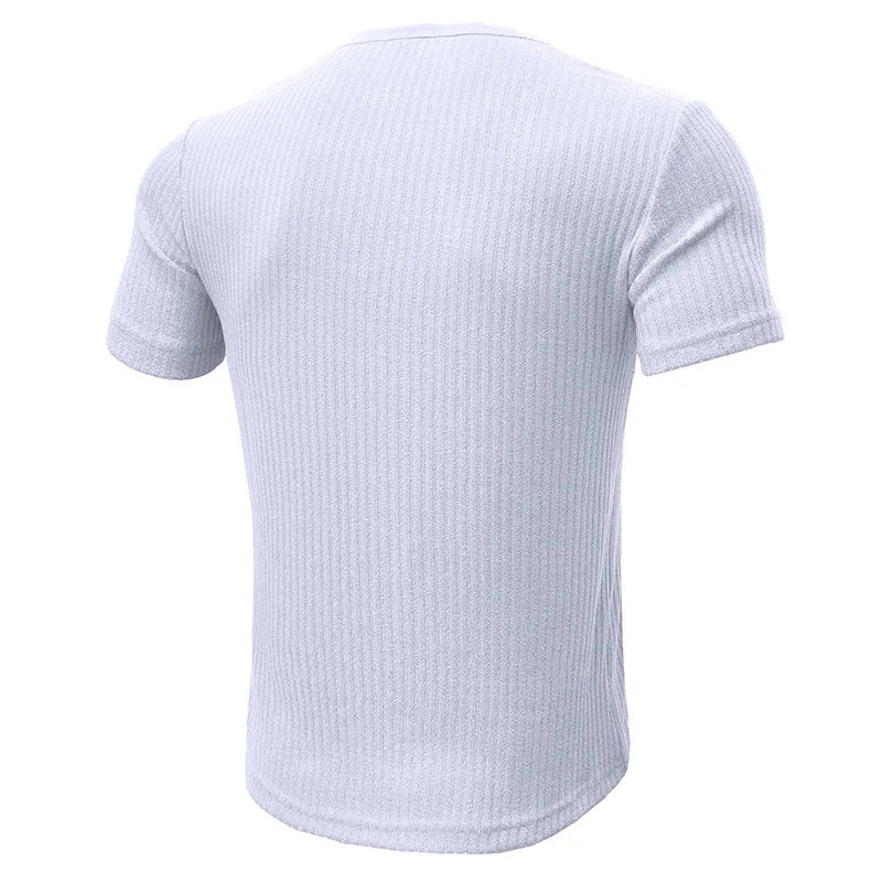 Summer Trend Men's Short Sleeve Casual T-Shirts Solid Henley Neck Button Up Pullover Tops Spring Turn Down Collar Basic Shirt (Available)