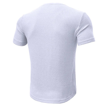 Summer Trend Men's Short Sleeve Casual T-Shirts Solid Henley Neck Button Up Pullover Tops Spring Turn Down Collar Basic Shirt (Available)