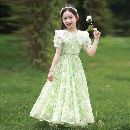 Girls Summer Dresses New Children's Princess Gown Big Kids Short-sleeved Dress Teen Girls Peter Pan Collar Clothing 4-12Y