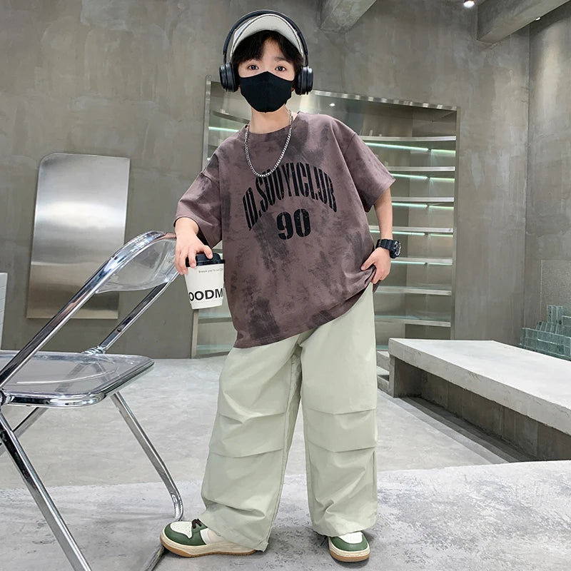 Boys Summer Clothing Top and Bottom Set For Teens Children Casual Cotton Outfit Suit Brown Color Kids Cotton Clothes Set