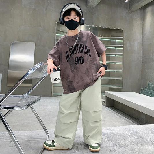 Boys Summer Clothing Top and Bottom Set For Teens Children Casual Cotton Outfit Suit Brown Color Kids Cotton Clothes Set