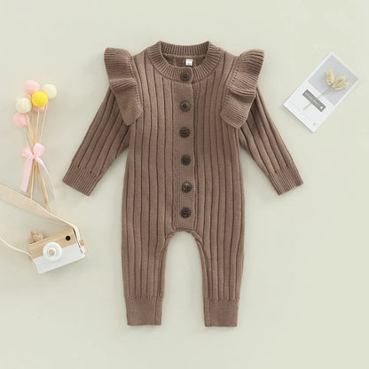New  Winter Baby Girl’s Knitted Long Sleeve Sweater Jumpsuit Fashion Solid Color Round Neck Ruffles Button Warm Romper Outfits (Available)
