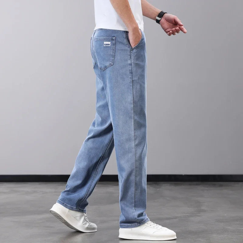 Summer Thin Men's Jeans Lyocell Fabric Soft Breathable Straight Denim Pants Brand Man Elastic Ice Silk Casual Trousers Grey Blue (Available)