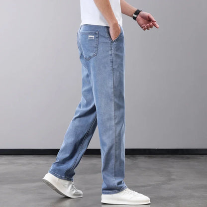Summer Thin Men's Jeans Lyocell Fabric Soft Breathable Straight Denim Pants Brand Man Elastic Ice Silk Casual Trousers Grey Blue (Available)