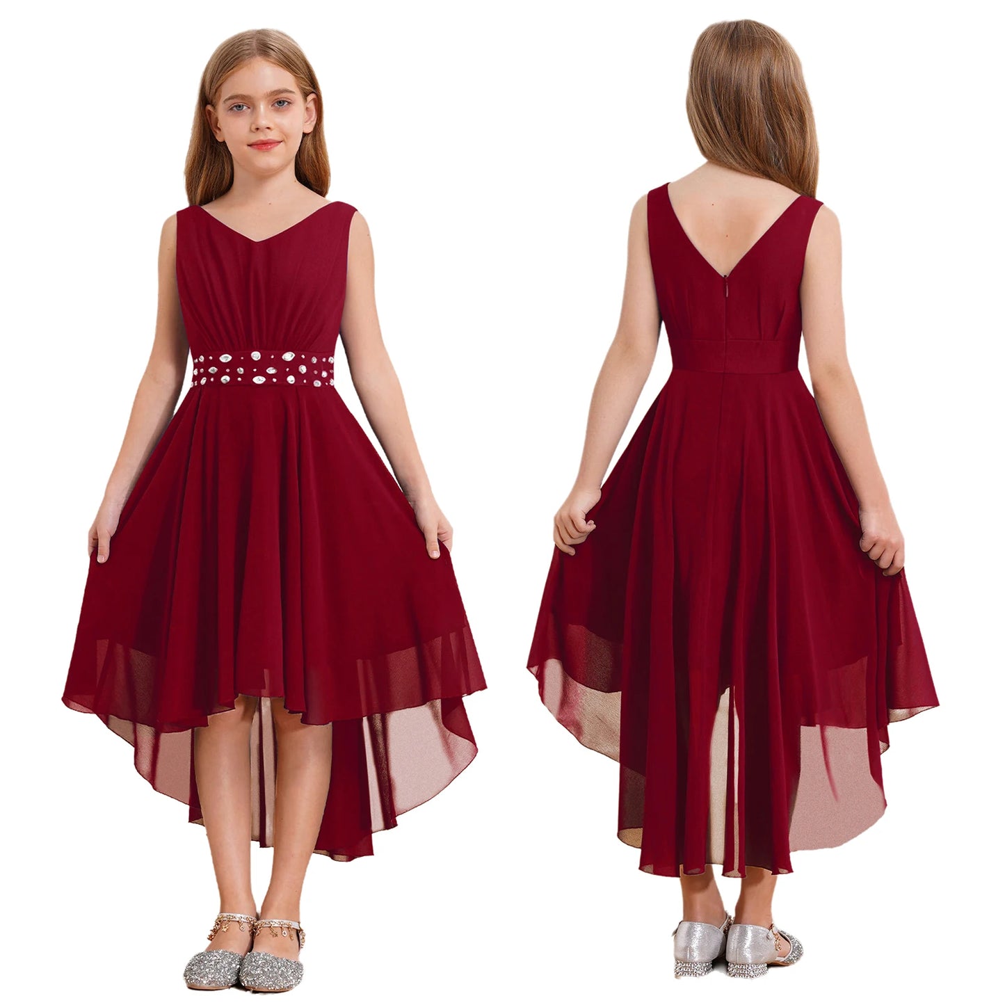 Summer Girls Festive Dress Hi-Lo Tulle Sleeveless Shiny Beaded Dress Flower Kids Wedding Pageant Clothing Evening Communion Gow