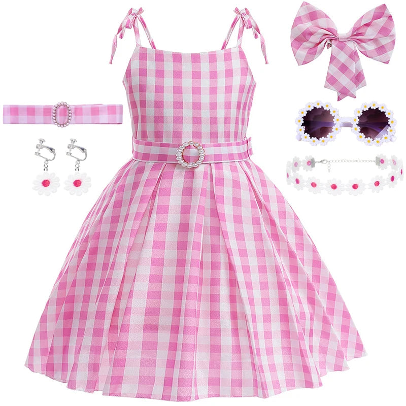 Girls Party Dresses Pink Plaid Princess Dress Birthday Party Children's Day Perform Dress Kid Carnival Halloween Cosplay Costume