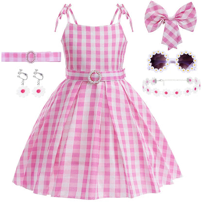 Girls Party Dresses Pink Plaid Princess Dress Birthday Party Children's Day Perform Dress Kid Carnival Halloween Cosplay Costume