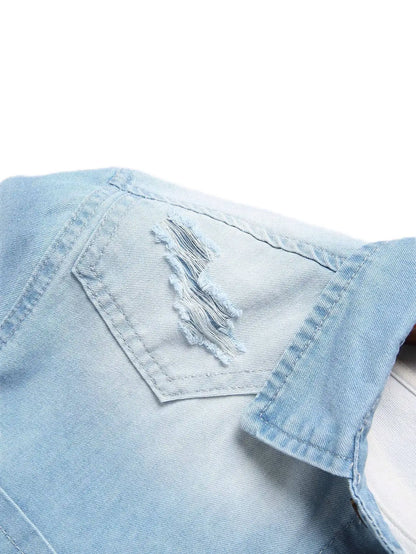 Men's summer blue short-sleeved denim shirt. Regular size. Casual, trendy street style. (Available)