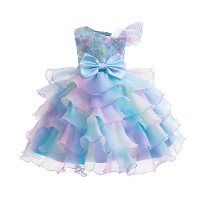Party Dresses For Girls Rainbow Ruffle Big Bow Layered Sequin Princess Dress For Kids Wedding Birthday Party Pageant Formal Gown