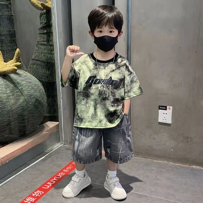 Summer Baby Boys Fashion High Quality Set Cotton Boy Short Sleeved Hole T-shirt + Denim Shorts Kids Loose Casual Clothes 2-11Y