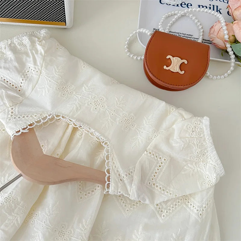 New Summer Kids Dresses for Girls Pure Color All-match Lace Girls  Short-sleeved Dress Baby Princess Dress Girls Clothes