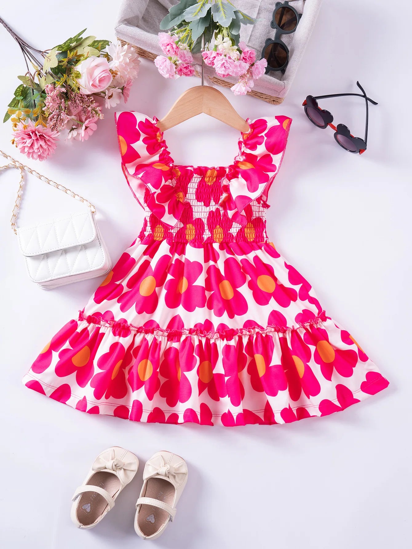 1 - 7 Y Baby Girls Sweet Floral Dress with Ruffled Sleeves & Smocked Waist - Perfect for Party & Summer Wear for Kids Girl Dress