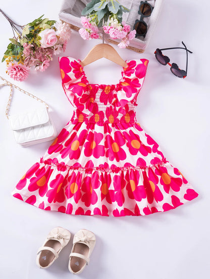 1 - 7 Y Baby Girls Sweet Floral Dress with Ruffled Sleeves & Smocked Waist - Perfect for Party & Summer Wear for Kids Girl Dress