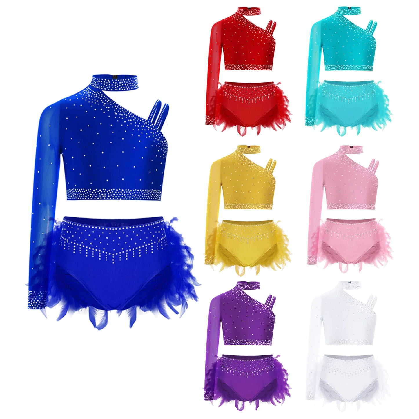 Girls Modern Dance Dress 2 Piece One-shoulder Sleeve Rhinestone Crop Top And Feather Skirts Sets Dance for Stage Performance