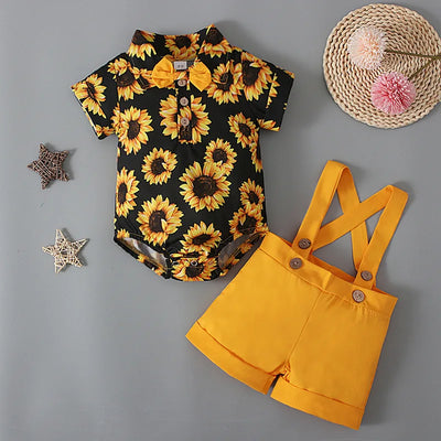 Summer Baby Clothes Set Boy Romper Bodysuit Sunflower Print Tops+Straps Pants 2Pcs Suit Kid Outfit Newborn Toddler Jumpsuit A597