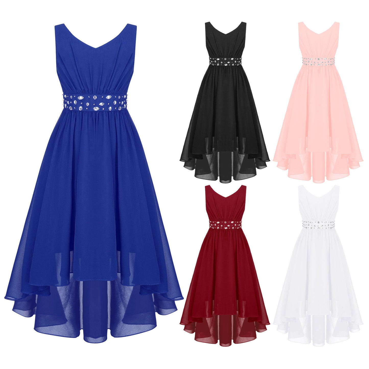 Summer Girls Festive Dress Hi-Lo Tulle Sleeveless Shiny Beaded Dress Flower Kids Wedding Pageant Clothing Evening Communion Gow