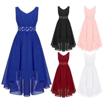 Summer Girls Festive Dress Hi-Lo Tulle Sleeveless Shiny Beaded Dress Flower Kids Wedding Pageant Clothing Evening Communion Gow