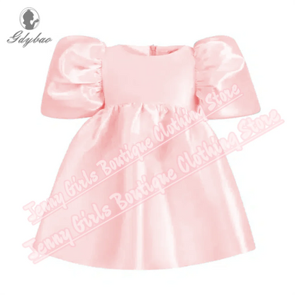 Girls Party Dresses Pink Satin 2025 Flower Girl Dress Bow Puff Sleeve Prom Baptism First Birthday Official Events