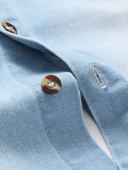 Men's summer blue short-sleeved denim shirt. Regular size. Casual, trendy street style. (Available)