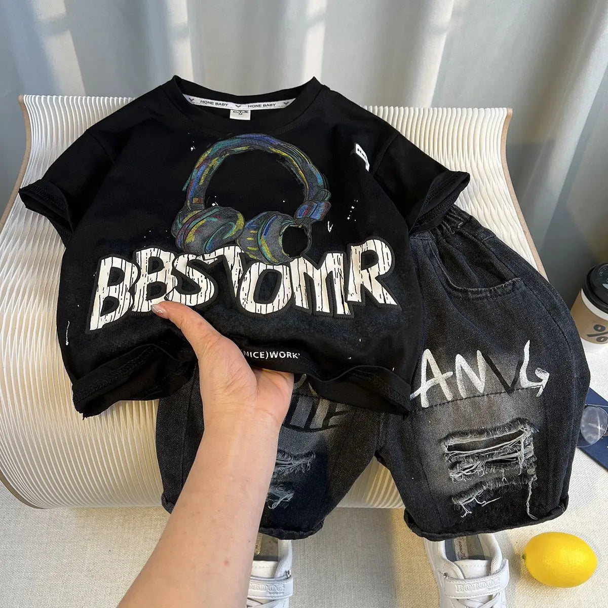 Summer Baby Boys Fashion High Quality Set Cotton Boy Short Sleeved Hole T-shirt + Denim Shorts Kids Loose Casual Clothes 2-11Y