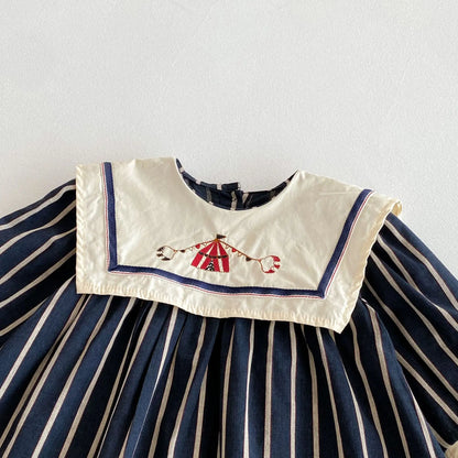 Baby Girl's Dress 2025 Autumn New Retro Children's Embroidered Dress Striped Long-sleeved Princess Dresses