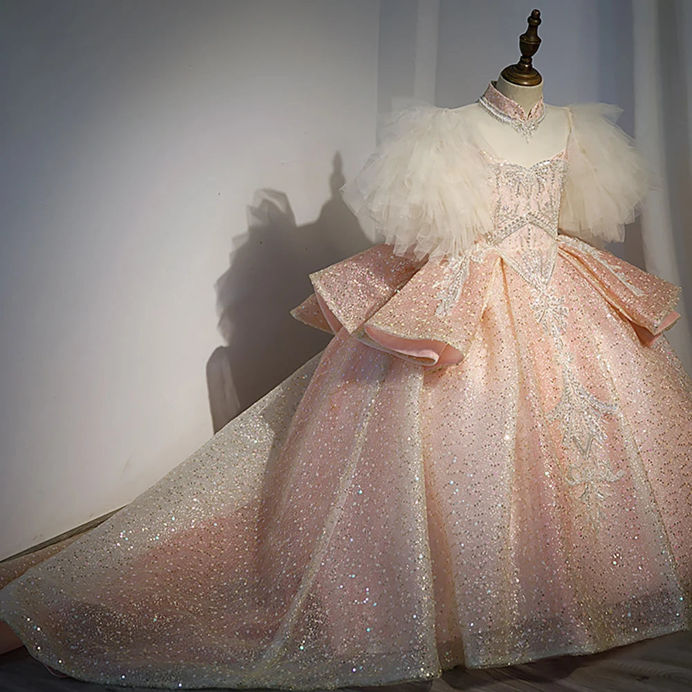 Kids Girls Princess Dress for Party Birthday Exquisite Beadings Sequined Tulle Ball Gown Flower Girl Wedding Dresses Children