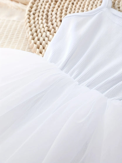 Girls' summer dress with white round neck suspender and sheer skirt, outdoor casual party dress