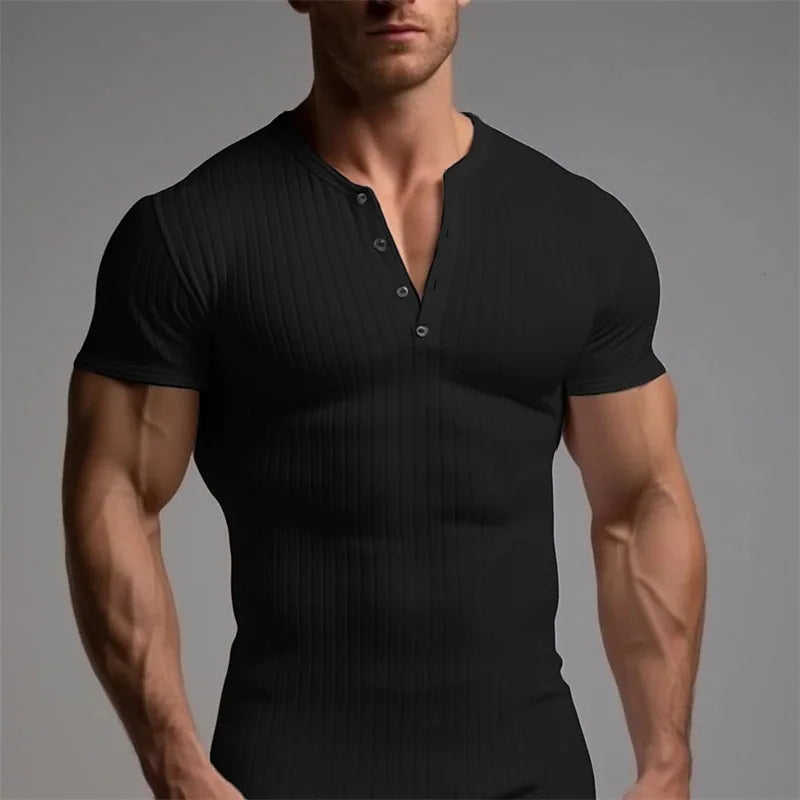 Summer Trend Men's Short Sleeve Casual T-Shirts Solid Henley Neck Button Up Pullover Tops Spring Turn Down Collar Basic Shirt (Available)