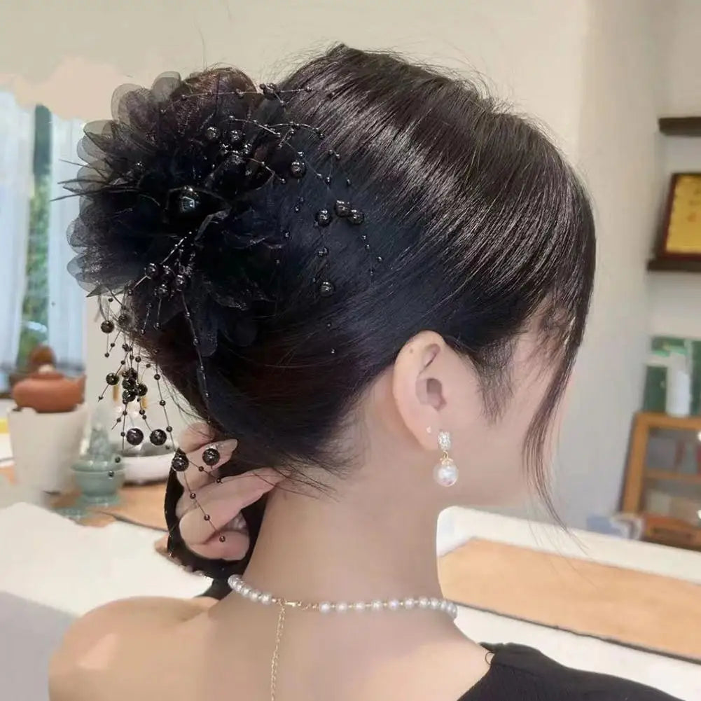 Women Fashion Hair Accessories Girls Flower Hair Claw Pleated Organza Pearls Black Feather Grip Shark Hair Clip Female Headwear