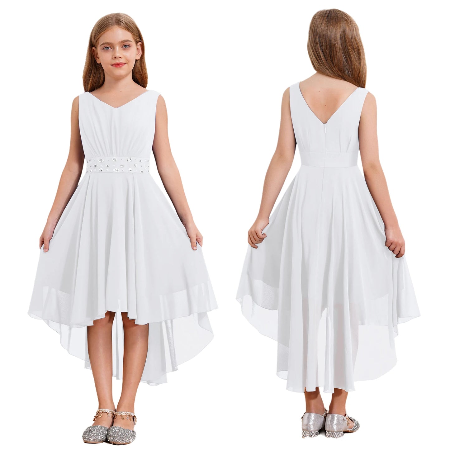 Summer Girls Festive Dress Hi-Lo Tulle Sleeveless Shiny Beaded Dress Flower Kids Wedding Pageant Clothing Evening Communion Gow