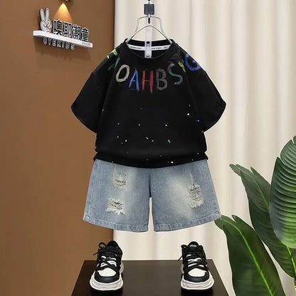 Summer Baby Boys Fashion High Quality Set Cotton Boy Short Sleeved Hole T-shirt + Denim Shorts Kids Loose Casual Clothes 2-11Y