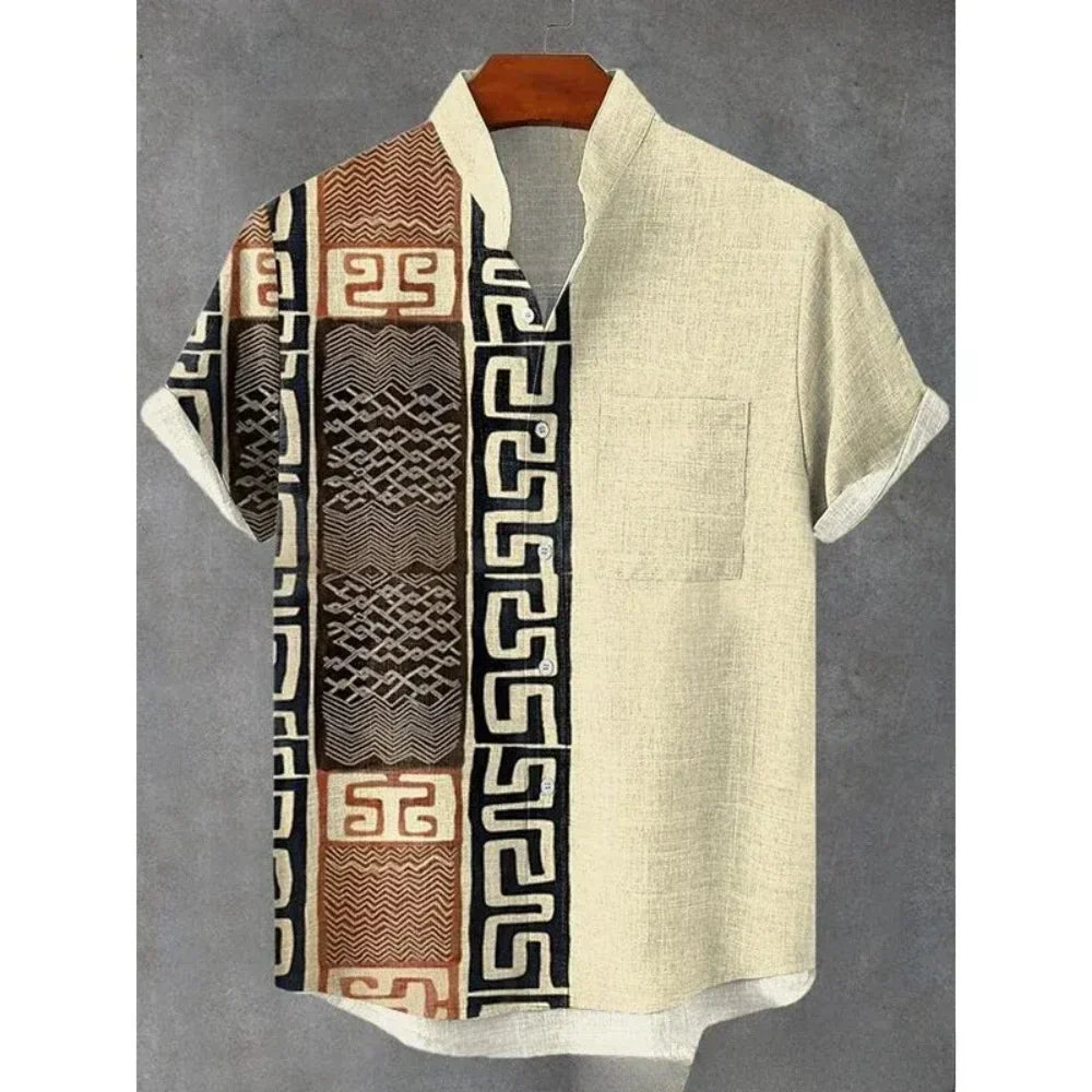 Men's summer shirt, fashionable stand up collar short sleeved cardigan, ethnic tribal printed pocket, linen breathable men's top   (Available)
