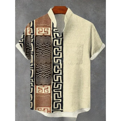Men's summer shirt, fashionable stand up collar short sleeved cardigan, ethnic tribal printed pocket, linen breathable men's top   (Available)