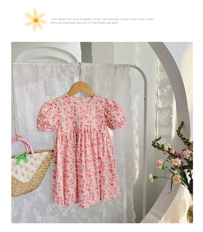 2025 Summer Kids Girls Dresses Short Sleeve A Line Girls Dresses Floral Print Pleated Dress For Girl