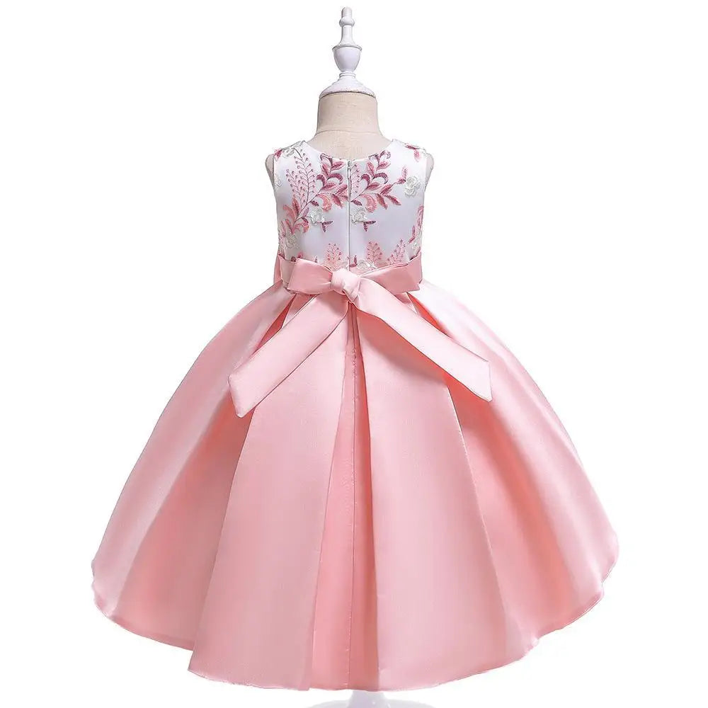 Party Prom Dress For Girls Flower Embroidery Princess Dresses Children Satin Bow Dovetail Dress For Kids Birthday Wedding Gown
